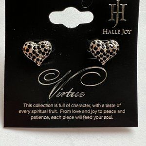 Halle Joy Virtue Heart  Silver and Black Crystal Earings NWT